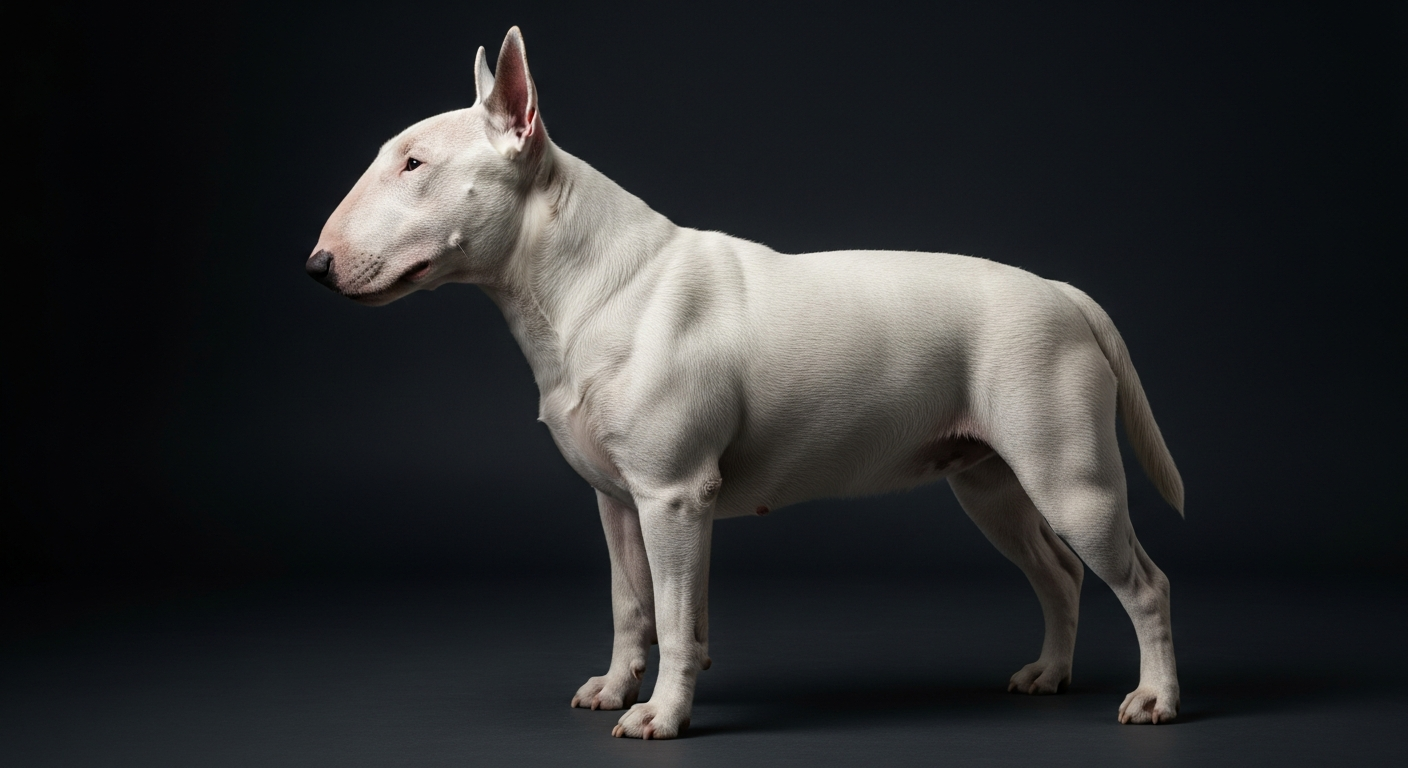 Bull Terrier blanc et bringé présenté en exposition